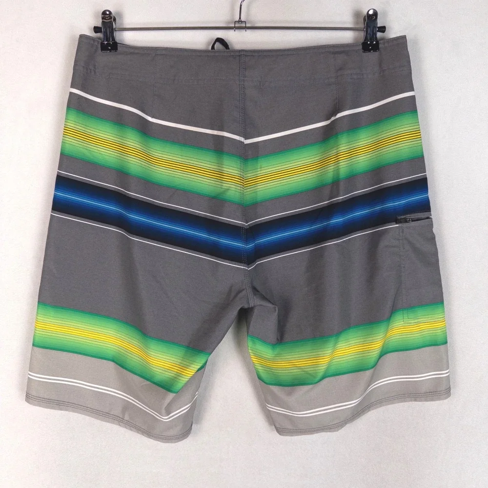 Ron Jon Mens Board Shorts Size 34 Gray Green Striped Surf Swim Trunks Beach *